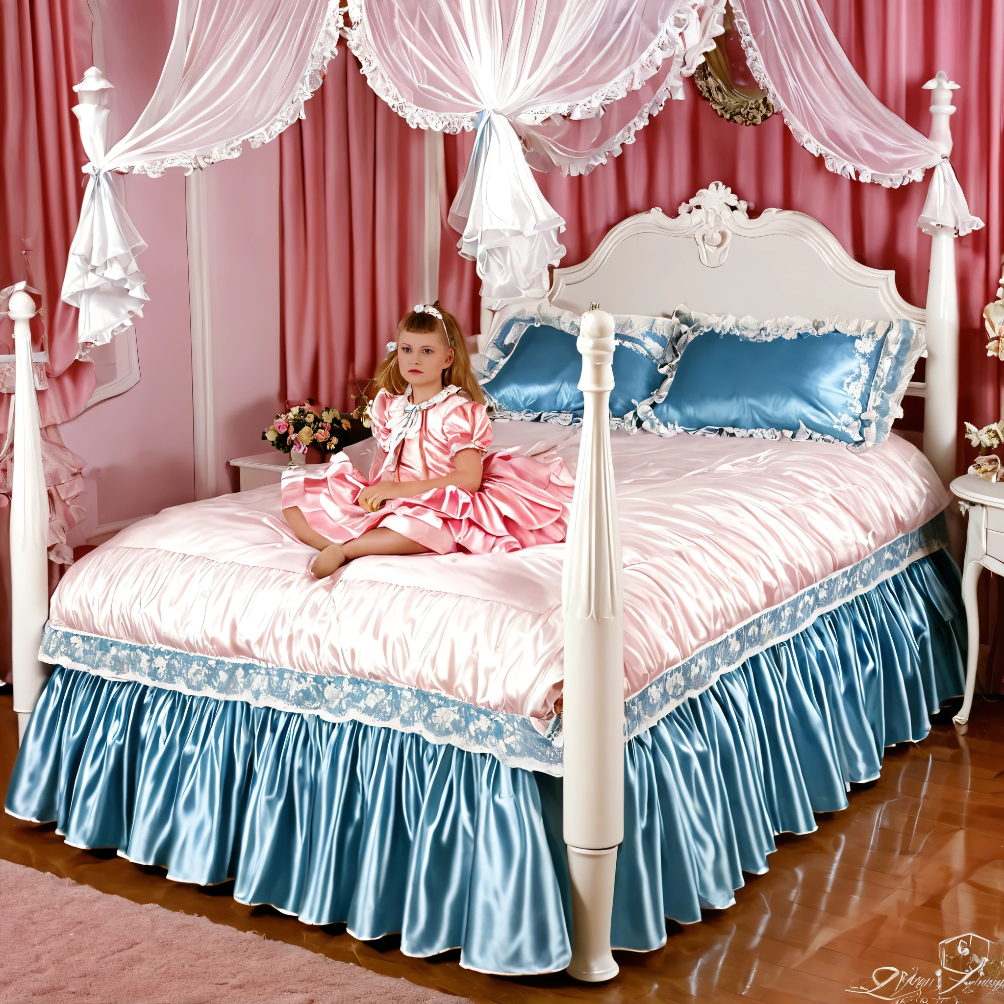 Beautifull 1girl on the bed,early teenage,detailed baby face,small face,a pink silk satin frilled blouse and skirt,medium dress,detailed ribbons,detailed lace petticoat,frilled sleeves,,a bed with a mountain of silk satin pillows,canopy bed,king size bed,more big bed,lot of silk satin frilled pillows,more pillows, A plump qulited silk satin soft devet,devet decorated ribbons, ruffles lace silk.retro white pipe bed frame, realistic, blue eyes, rolled long blond hear,