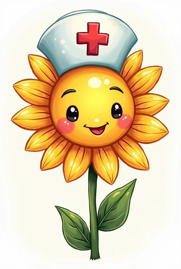 a cheerful hand drawn style flower with a nurse hat