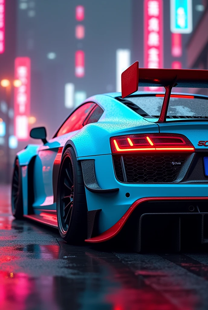 Audi r 8 Sport Chrome Baby blue Big spoiler in red Maximum tuning Cool sports tires Neon lights