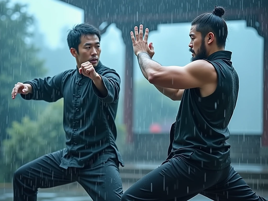 Two men dressed in black under the rain doing Chinese karate 