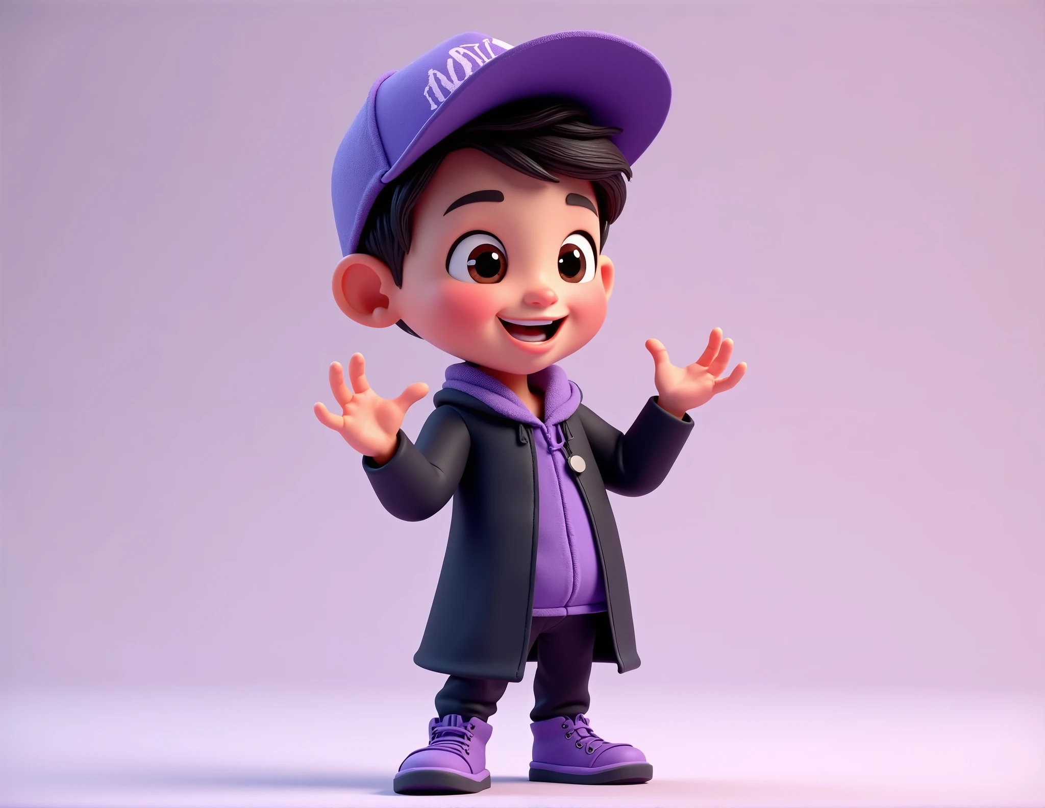 create a pixar style human character with a cap, having the clothes with the color palette of the clothes of black and purple ( with the purple varying from a lighter shade to a darker one) I want him to be full body in the image looking to the side and gesturing (in the intuition of showing something)