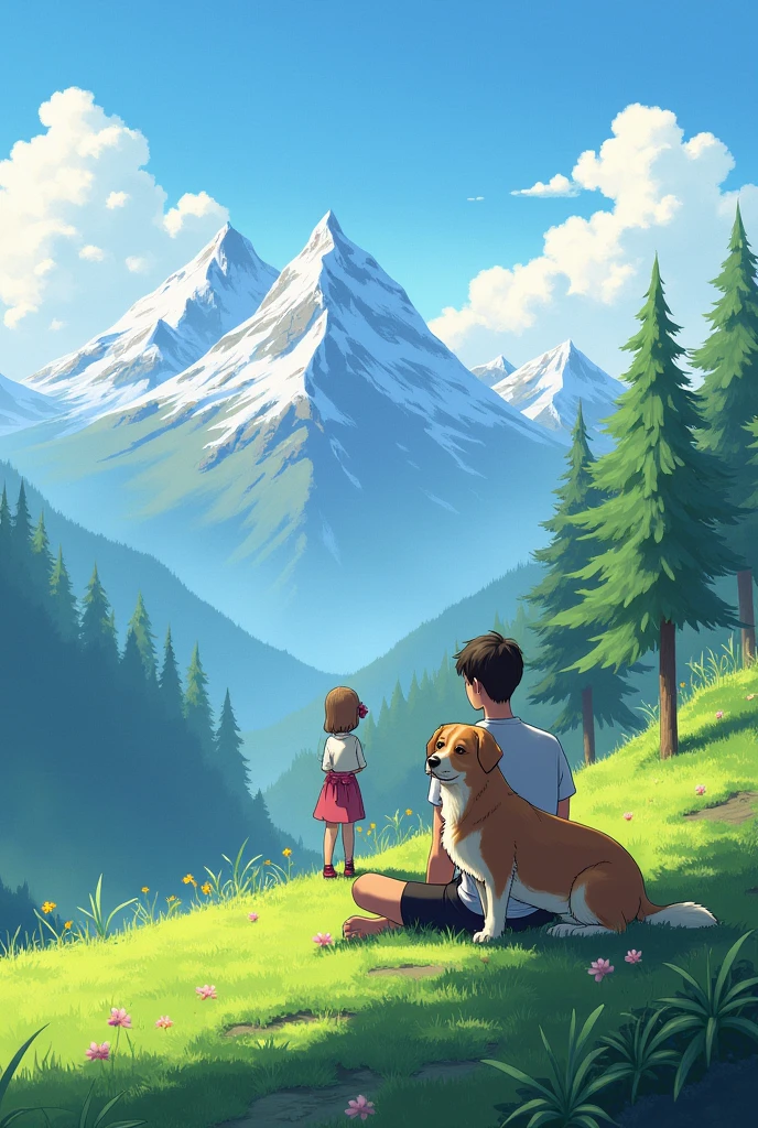 A DOG AND OWNER SITTING IN THE MOUNTAIN with a girl
