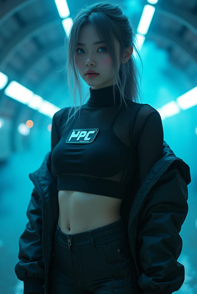 nfsw, masterpiece, Best Quality, hyper Realistic, A mysterious and sophisticated beautiful model, identity hidden, all body shot, with blue eyes wears futuristic and sexy fashion art. 18-years-old, beautiful and sexy Japanese girl is climbing at a wide angle, standing and random posing, with her full body in frame. She has an ultra-slim waist, large firm breasts, a large-sized buttocks, showcasing sculptural beauty. gray arranged hair, light color eyes, Realistic skin, Detailed face, , small head. /// A sporty and modern outfit featuring a cropped top with a bold logo, designed to accentuate the body’s contours. The top is paired with a breathable mesh overlay that adds a stylish, athletic vibe. The cropped length of both tops creates a layered look. Completing the outfit is an oversized jacket that provides a cool and voluminous contrast, balancing the overall appearance and enhancing the active, urban aesthetic., /// small head and face, Detailed wide Duck mouth, half open mouth, perfectly aligned teeth, perfect beautiful wide teeth, light blue eyes, half open eyes, shiny Droopy eyes, looking other, /// She is situated within the interior of a futuristic colony, in the deep night, with mist drifting and steam rising from concrete