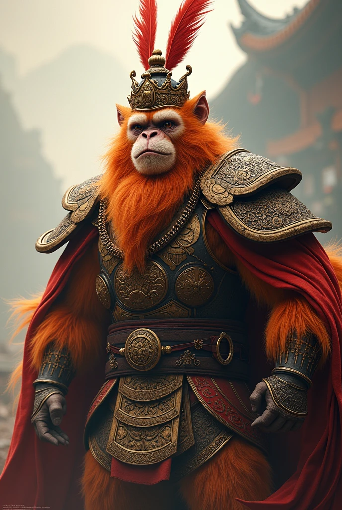 Mongkey king With brown fur a bit orange
with armor chinese war general With 2 long feathers on its crown