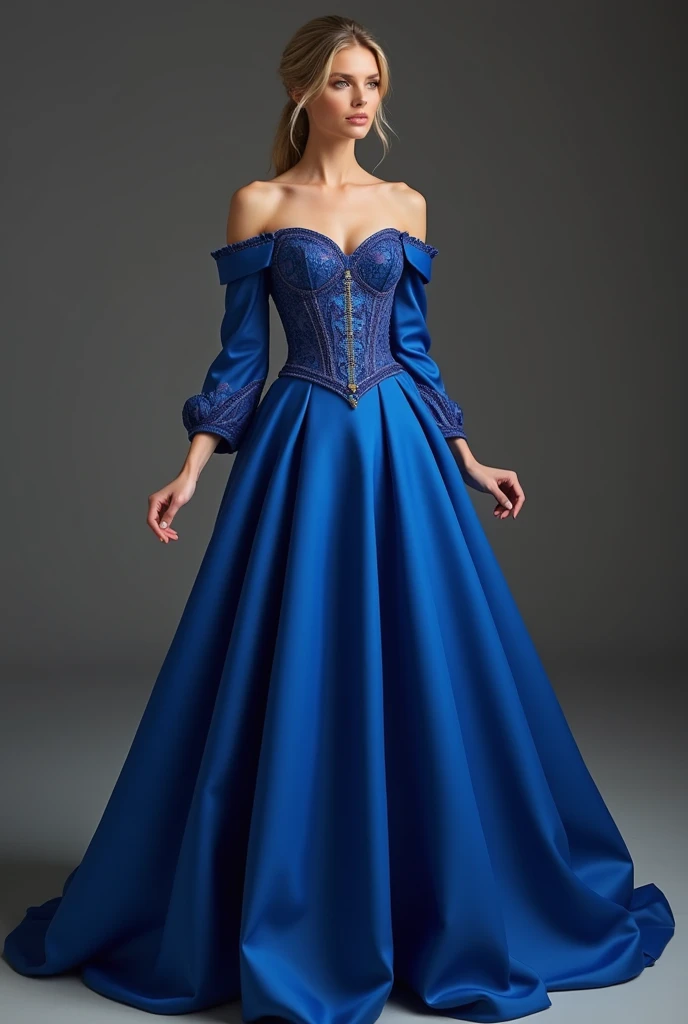 A beautiful and elegant gown in a lovely shade of blue. The dress was made with fine and expensive fabric, with a tight corset and a skirt that flared out. The off-the-shoulder neckline and the small, long-sleeves made it look modest yet elegant and classy. 