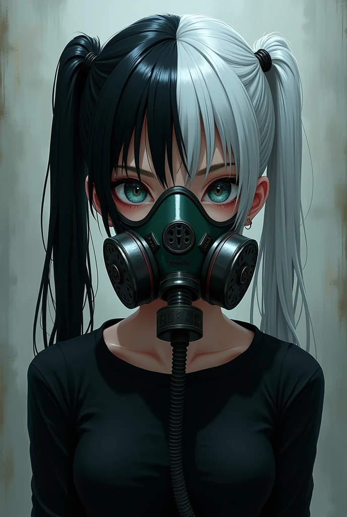 Create an anime style character with pigtails with hair on one side black and the other white and with bangs with a gas mask and a black outfit with a mental problem