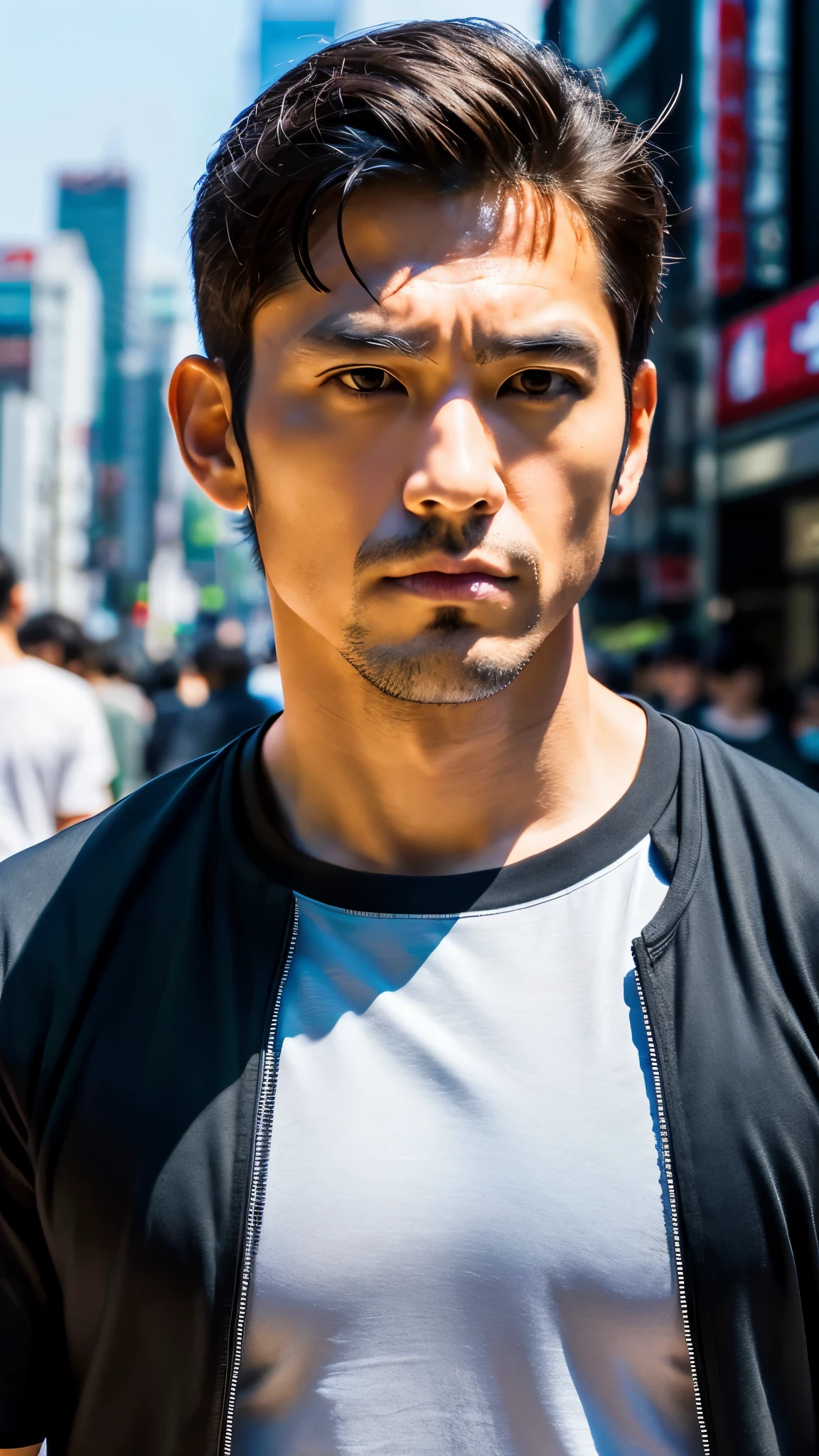 Photorealistic, 8K full-body poster, Handsome man, Japanese, 1 male, Serious expression, Sharp Eyes, Attractive look, Detailed facial details, muscle, Tokyo, summer, T-Shirts, Shibuya in the background