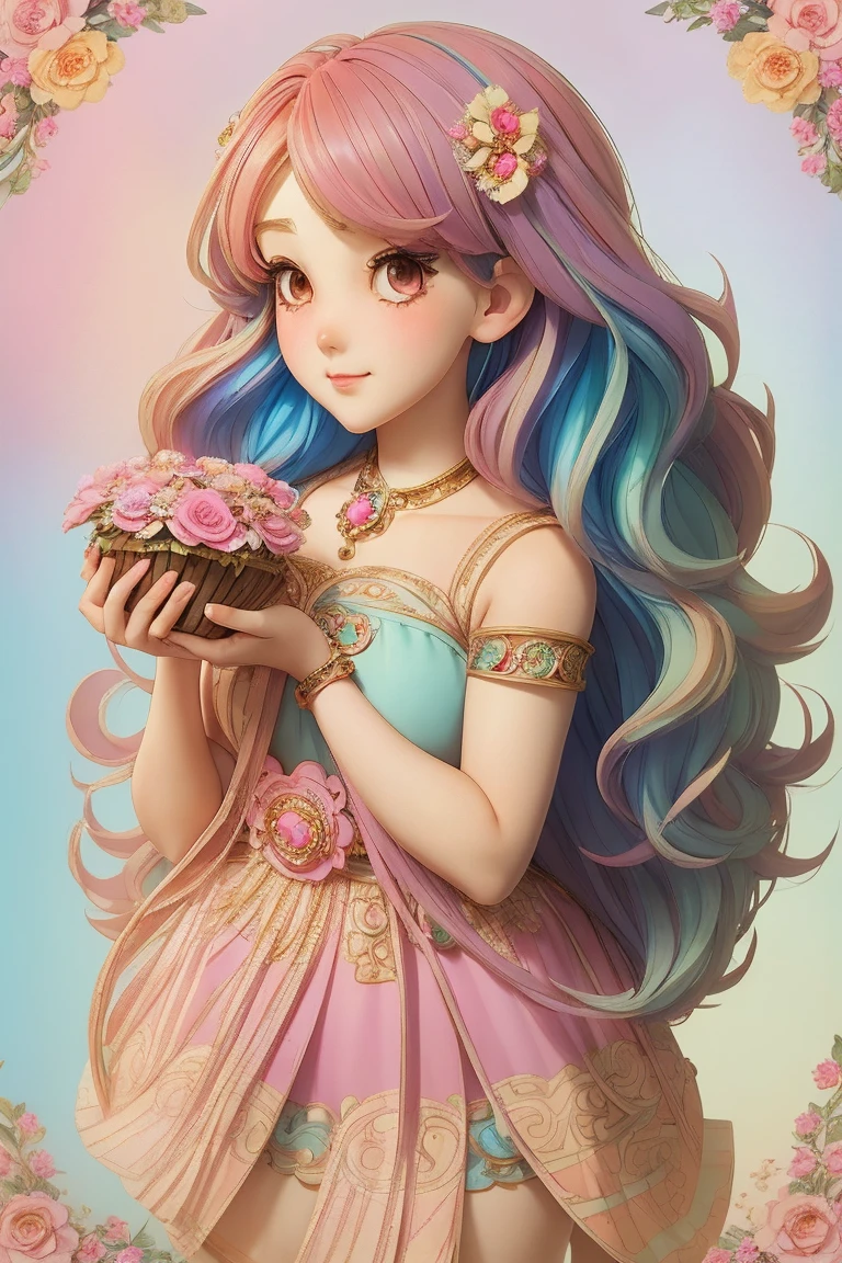 (masterpiece, best quality), cute girl anime character, medium short colorful hair, mythology, traditional mythology dress, gorgeous accesories, holding a flower basket, high detailed, pastel color mood and tone background.