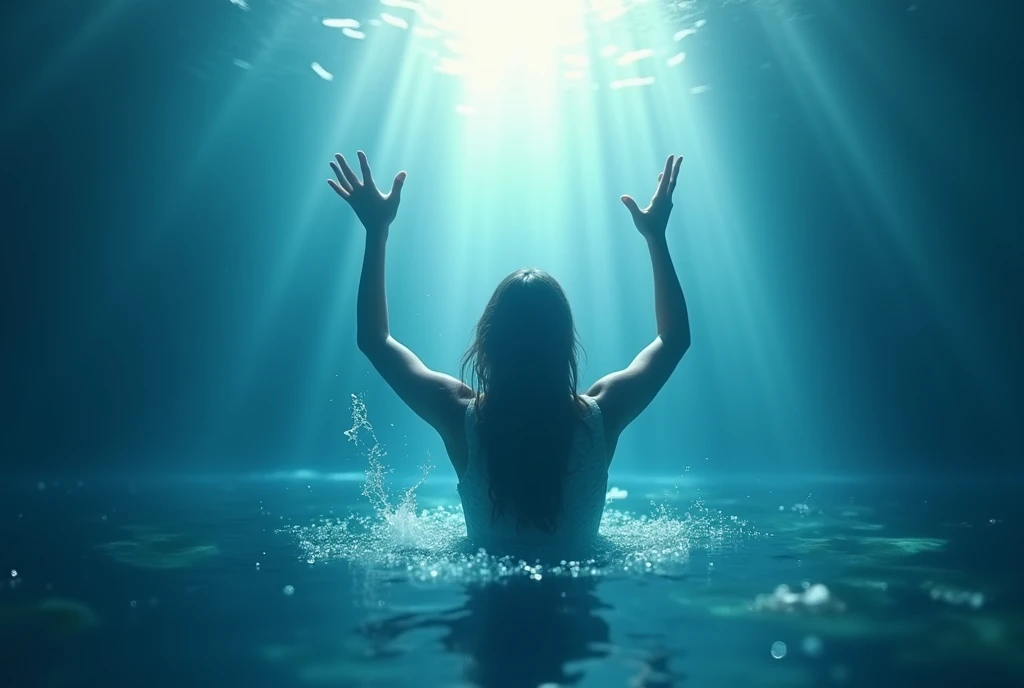 Title: "ORACIÓN PODEROSA: SUMÉRGETE EN LA PRESENCIA DE DIOS 🙏🌊"

Main image:
- Bottom: Deep ocean with rays of light penetrating the water
- Center: Silhouette of a person with arms raised, as if emerging from deep water

Additional elements:
- Small air bubbles rising around the silhouette
- Soft reflection of light on the surface of the water above

Text:
- Top: "transformación espiritual"
- Bottom: "Experiencia profunda con Dios"

Visual effects:
- Color gradient from dark blue (ocean background) to light blue (surface)
- Soft glow effect around the silhouette and light rays

Colors:
- Predominant blue tones (from dark to light)
- White for text and light effects
- Soft gold for details and sparkles


Graphic elements:
- Small icon of an open Bible in the lower right corner
- Symbol of infinity ( ) subtly integrated into the design, suggesting the infinite depth of God
