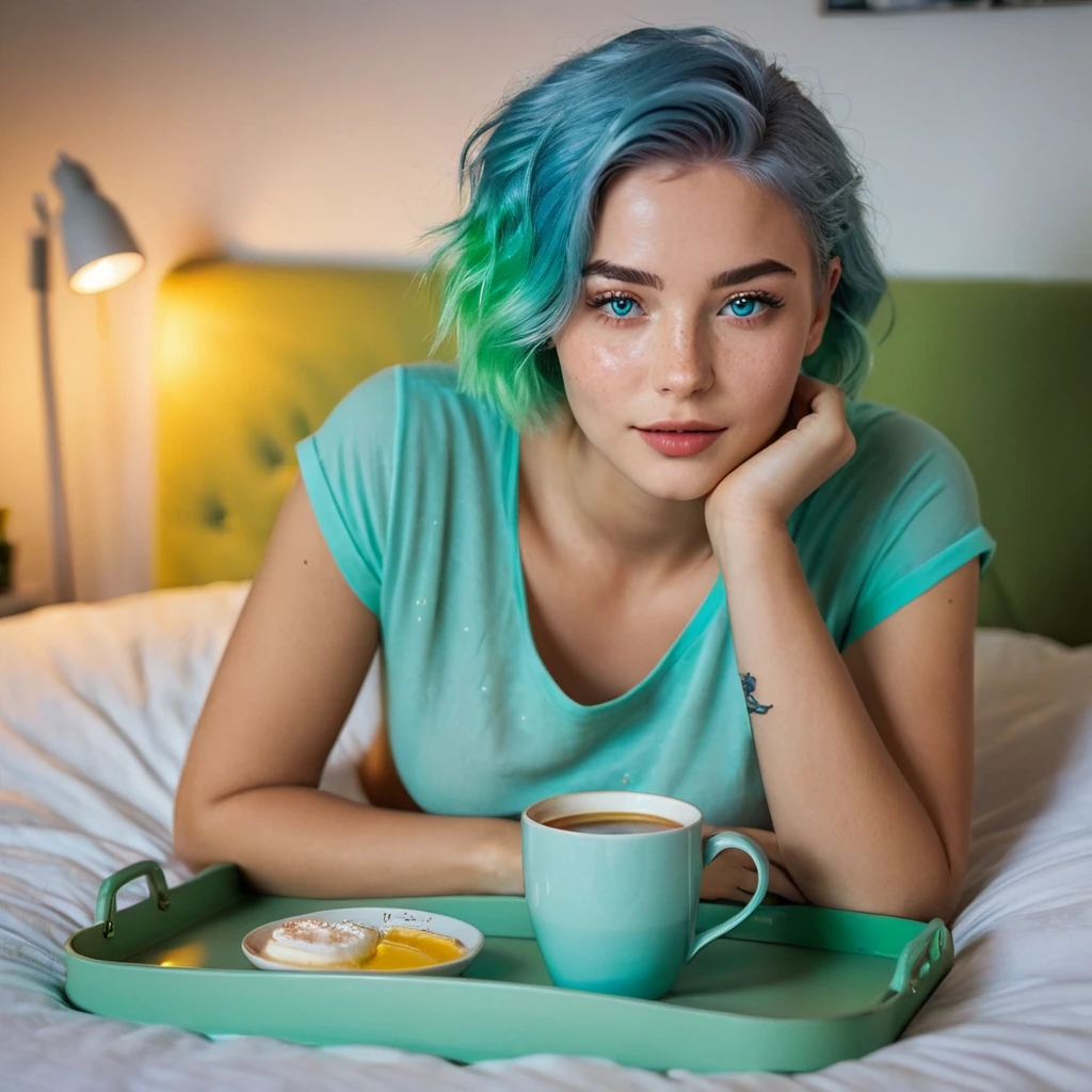 Woman 20 Years Old Nordic Ethnicity, short blue hair with a perfect face and light freckles, Blue-Green Eyes, A soft, intimate shot of NovaiBrew in bed with a coffee tray. The setting is cozy and elegant, with her lounging comfortably, a book or magazine nearby. ((Color palette - turquoise, neon green, yellow shades))