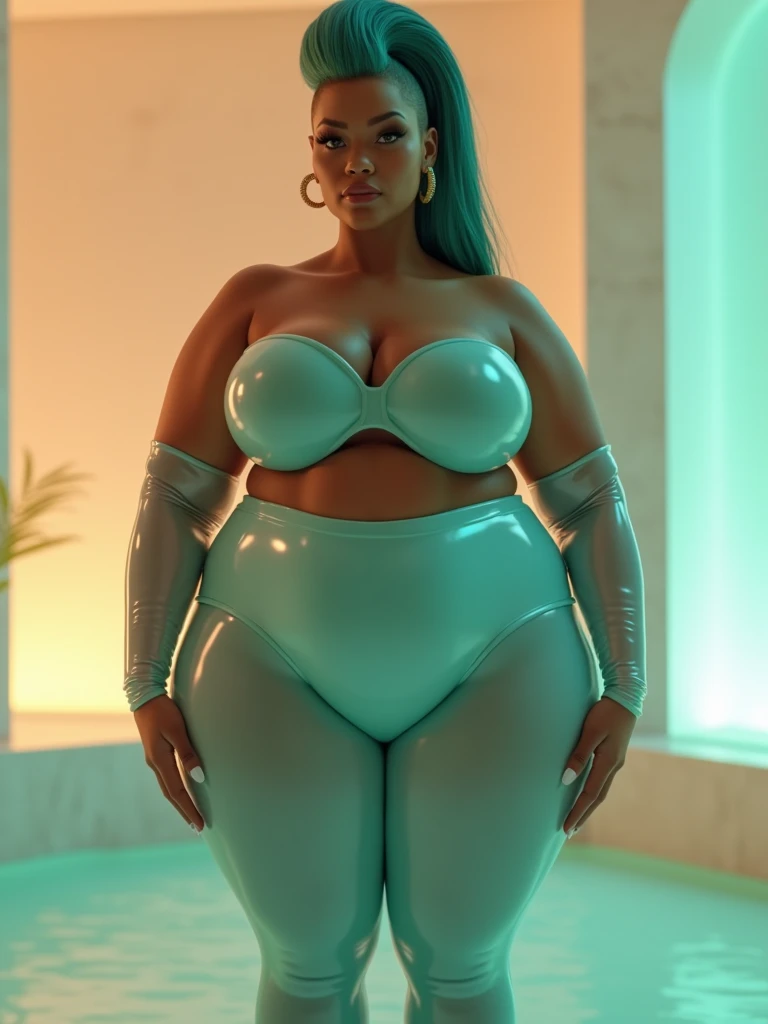 hip dips, BOUNTIFULLY: BULGING MEGA BUTTOCKS: THICK WIDE HYPER THIGHS: POWERFULLY PROTRUDING ASS: EXTREMELY OVAL: OBLONG GLUTES: tapered waist, IMMENSELY MASSIVE BUTTOCKS, IMMENSELY MASSIVE BULGING PROTRUDING BUTTOCKS paired perfectly with world's 🌎 tiniest: thinnest: waist, She has extremely sophisticated (ten foot) long teal mohawk fade. dark skin: dark skin melanin: 8K UHD, objective, DSLR, pastel translucent (beige gradient dient tan) leggings, plastic sleeves, eloquence, muscular abs, skinny waist, flat stomach, no nsfw, analog photograph, generate a master photograph describing a shapely WoMan, close-up shot of a fit, smooth complexion, clear features, young-looking, (flat chest, six pack), and looking directly at the camera with an sly + seductive expression. Womanly, spa room, Vaporwave, elegance, RAW, {{{masterpiece photography}}}, professional fashion photoshoot, synthwave, trending on artstation, Resolution: (extremely detailed, (sharp focus:2), cinematic lighting, dramatic lighting, ultra photo-realistic)