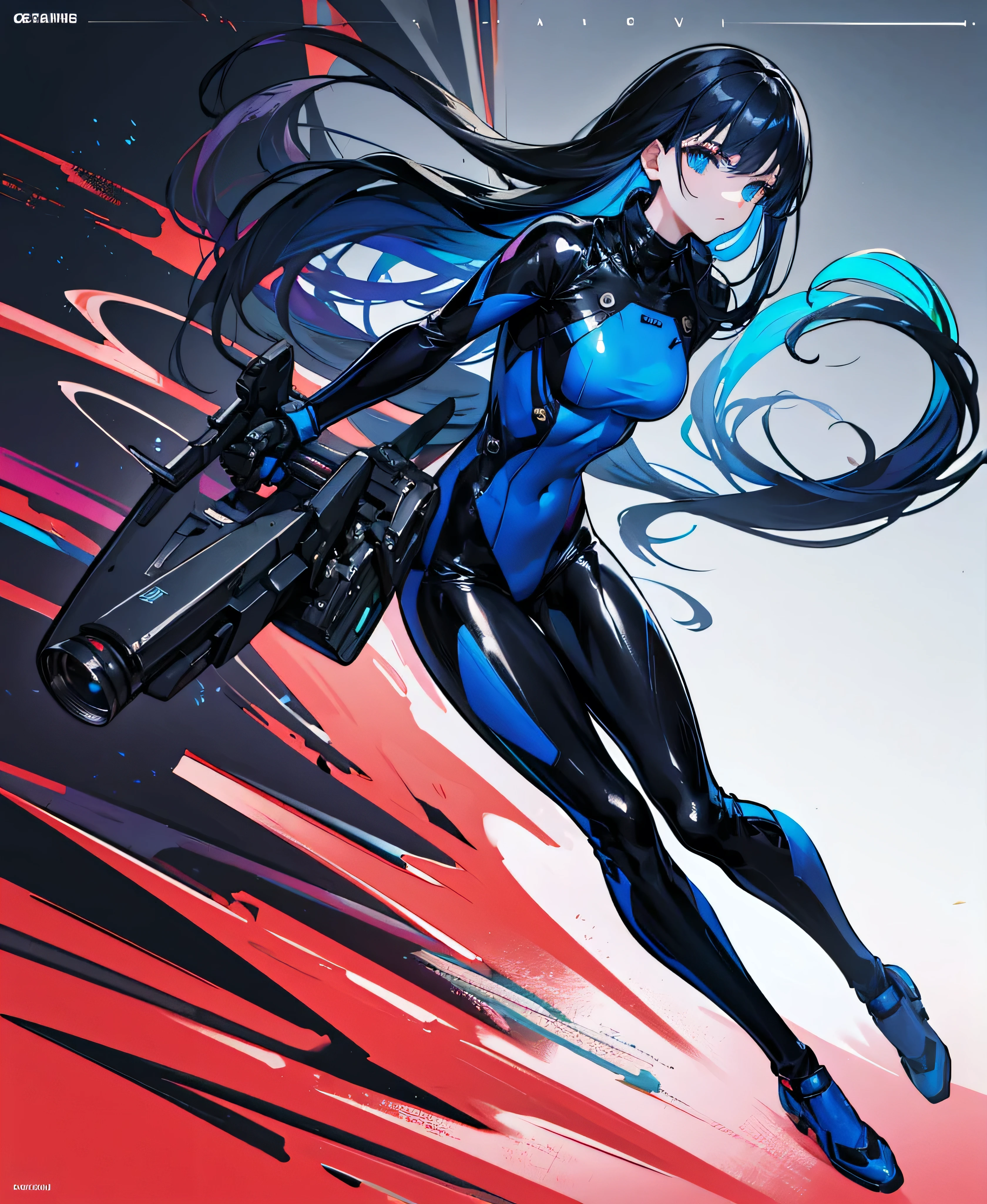 There is no background，，Carry a firearm，Patent leather tight suit，Use of firearms，Navy blue long hair，attention arousal，Blue colored eyes,No gradients