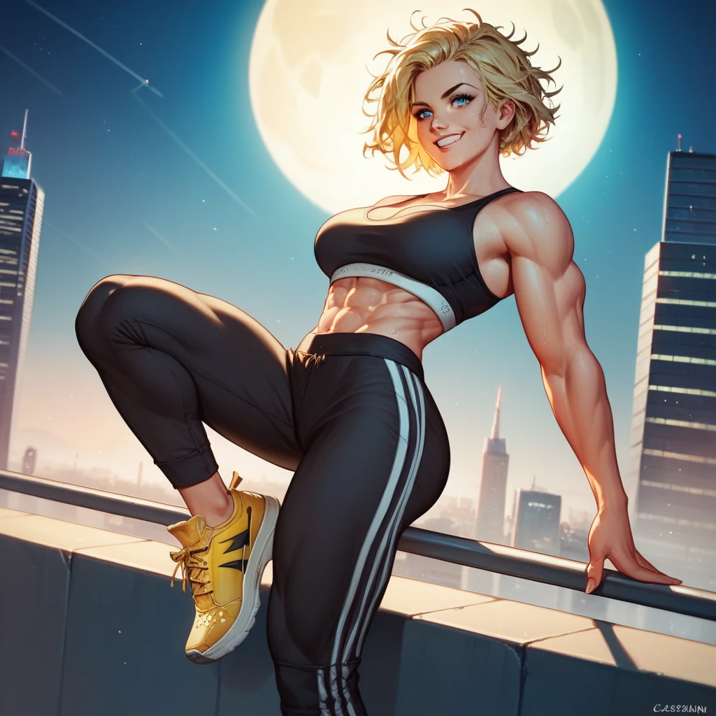 (masterpiece), Blonde Caucasian Woman, short hair, Messy Hair (Highest quality), Super Resolution, Super detailed, Perfect lighting, An athletic body, Strong and muscular, Large and firm breasts, Black sweatpants, Wearing a black top, Black leggings, Yellow sneakers, Facial expression happiness, Focus on women, In combat readiness, blue eyes, smile, Manhattan at night, moon