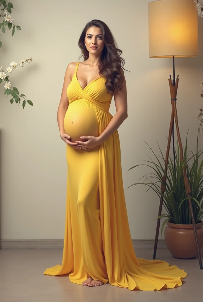 pregnant woman in yellow dress posing for a portrait in studio, a photorealistic painting by Juan O'Gorman, pinterest, art photography, full body portrait painting, lady using yellow dress, full body portrait, beautiful yellow woman, full length portrait, maternal photography 4 k, wearing a yellow dress, with yellow cloths, full body portrait shot, full face and body portrait