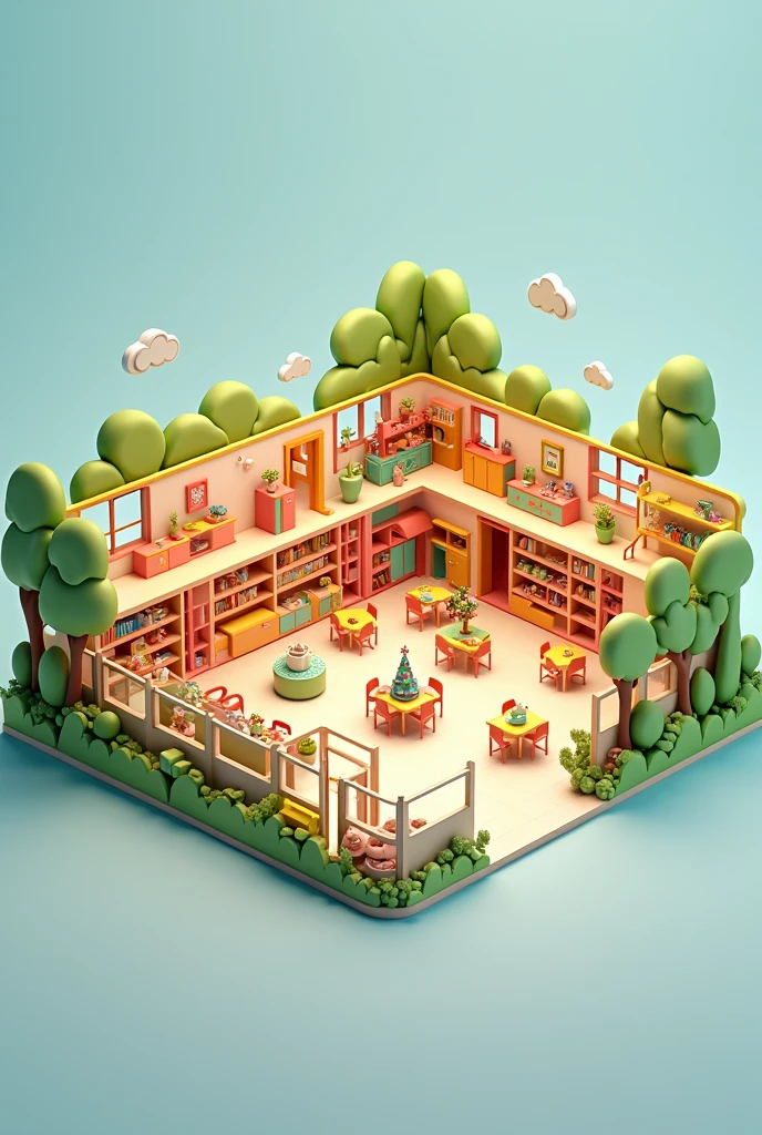 3D model of kindergarten that involves
1. entrance
2. Classroom
3. Indoor play area
4. Art and craft room
5. Reading room and mini library
6. Dining room
7. Bedroom and rest
8. Bathroom and toilet
9. Outdoor play area
10. Teachers and staff offices
11. Health room
12. Stores and storage rooms
13. Music and movement room
14. Lobby space
15. Technological learning space