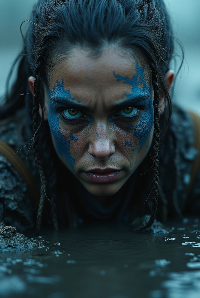 Closeup of (Ohwx Woman) on hell blade: Senua's sacrifice, coming out of the black mud, long hair with dreadlocks, war blue paint, fading paint, angry expression, dirty face, finely detailed eyes, moody, viking clothing, epic scene, epic composition, Photography, cinematic lighting, volumetric lighting, ethereal light, intricate details, extremely detailed volumetric rays
