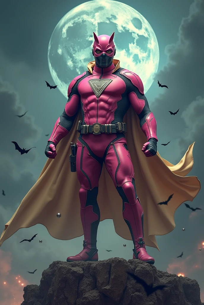 ((CLOSE UP HALF BODY PORTRAIT))Malaysia man in high-tech suit, vivid effects, malaysian superhero (KELUANG MAN) in a striking pink and(( beige costume cyberpunk design, mask small mini bat ear beige)), ((daredevil beige mask)), jumpsuit dark pink stands confidently in a dramatic.jumping from high place.hero costume.one hand rise up. Big triangle logo on the chest.high detail Punisher logo on the chest. Fighting pose , stormy landscape. ((Head covered node guard like batman. Running pose , athletic body type, small mini ear bat mask))The character wears domino mask a helmet with pointed mini torn ears and a flowing cape biege, open nose and mouth. Equipped with visible futuristic weapons on a belt,bullet proof jacket pink dark day.show fingers pose, dark night, big supermoon effect . Small logo on chest triangle shape small punisher logo center triangle cyber logo center on chest pink logo mini logo((WEAR LOOSE CARGO PANT.)) . rocky. Building top.smoke ground , bomb effect background, losse pants, losses costume.adding to --ar 3:4 --style raw --stylize 500 --v 6.1. chaos. Lot of small flying bat. One leg on the high stone. Man . Real man age 40 year old. One hand holding belt.one hand holding black rope hanging on building