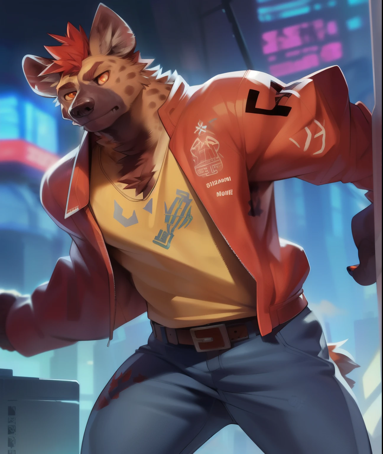 (detailed background:1.2), cyberpunk city night background, blurry background,
best quality, best hands, high quality, shaded, best eyes, by darkgem, by sindenbock, by taran fiddler, sketch, stylized, painted, by burnbuckie, by nezumi, by sindoll, lineart(andromorph canine hyena male with somewhat average athletic build, very broad shoulders, broad chest, thin torso:1.4), (realistic fur:0.1), tail,
(neck fluff, leg tufts:1.4), orange red fur, two tone body, serious expression, frown, frowning, looking away from viewer, hands in pocket, (loose yellow tshirt with large decal on it, large red puffy jacket with many decals, open jacket, tight jeans with belt, orange eyes, scrunched up sleeves:1.5), full body, red snout, short orange hair, red spots, sfw, solo, standing, moving, movement, side front upper body shot, tired look, hunched over pose, movement, moving, walking, (very short build, short thin legs, red snout:1.5), flowing jacket, tired eyes, stocking fur, bare forearms, white armband, short upper body, head down, slightly bent over, red mouth,