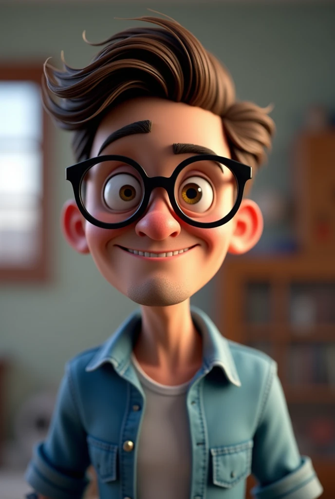 Cartoon character of a man in black glasses and blue shirt, animation character, stylized character, animation style rendering, 3d stylized, Arnold Maya rendering, Stylized 3D rendering, toon render screenshot, 3d character, 3d character, Stylized 3D rendering, 3D character rendering, cartoon character, Personagem de close up, character posing, (Pixar-style) (master part:1.2) (bokeh) (best qualityer) (skin detailed) (detailed texture) (8k) (Argilla) (cinematic lighting) (sharp focus
