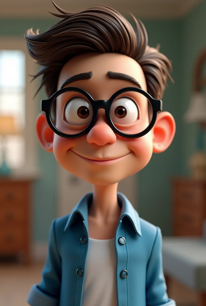 Cartoon character of a man in black glasses and blue shirt, animation character, stylized character, animation style rendering, 3d stylized, Arnold Maya rendering, Stylized 3D rendering, toon render screenshot, 3d character, 3d character, Stylized 3D rendering, 3D character rendering, cartoon character, Personagem de close up, character posing, (Pixar-style) (master part:1.2) (bokeh) (best qualityer) (skin detailed) (detailed texture) (8k) (Argilla) (cinematic lighting) (sharp focus