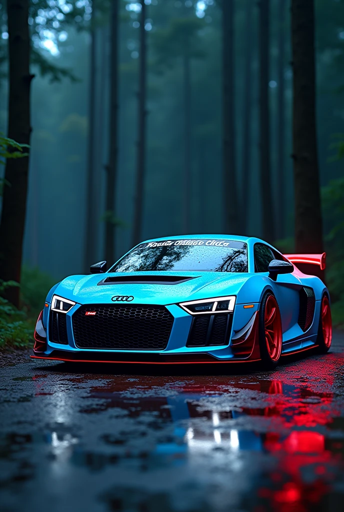 Audi r 8 Sport Chrome Baby blue Big spoiler in red Maximum tuning Cool sports tires Neon lights red 4k ultra hd In the forest dark