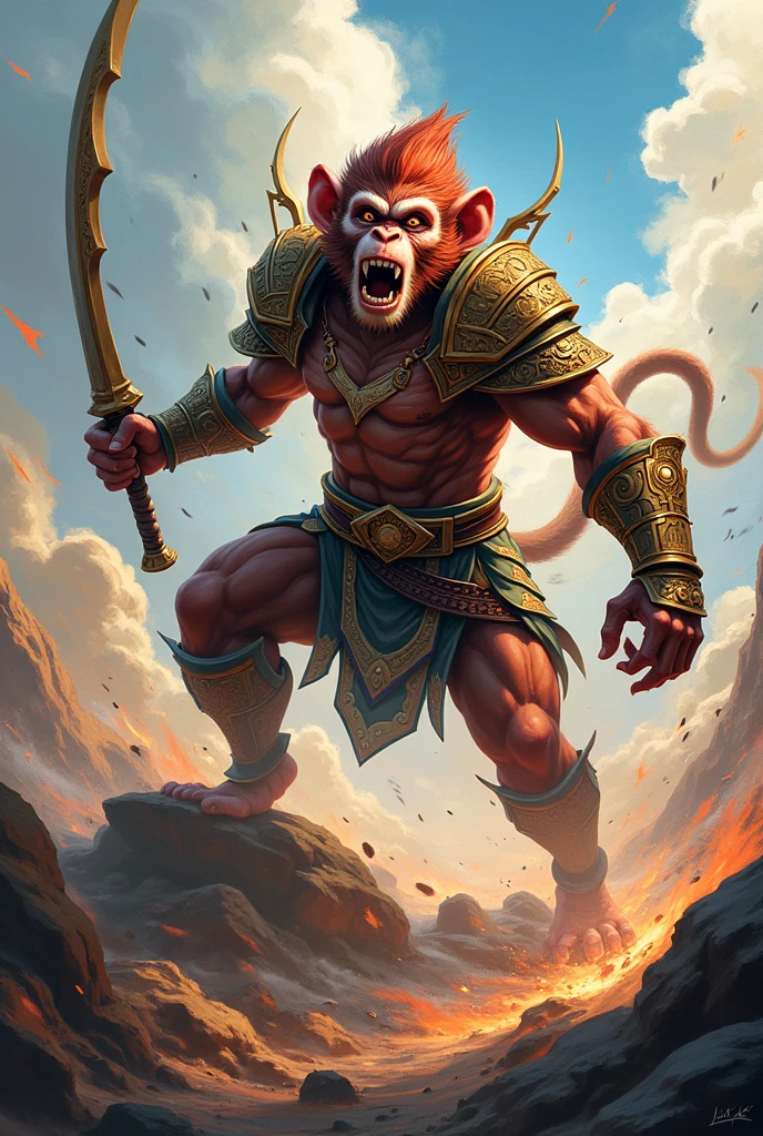 This is a dynamic and energetic image of a monkey warrior usando armadura in action, depicted in a stylized and artistic manner, with a strong sense of motion and speed.