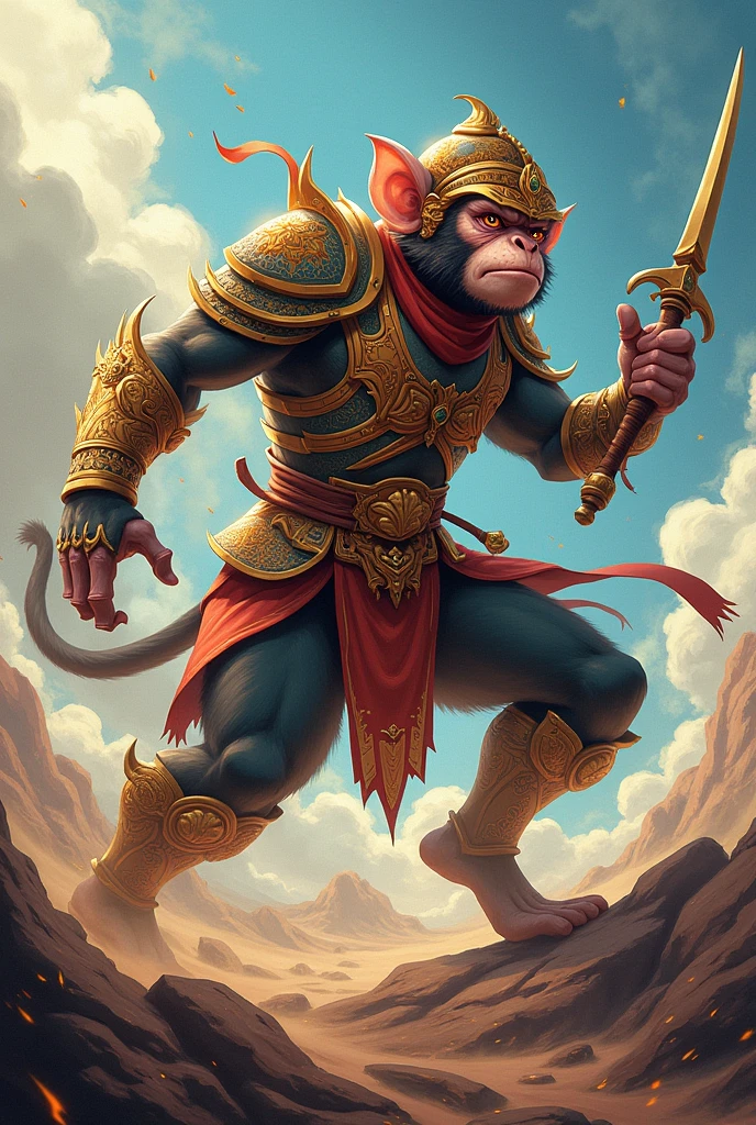 This is a dynamic and energetic image of a monkey warrior usando armadura in action, depicted in a stylized and artistic manner, with a strong sense of motion and speed.