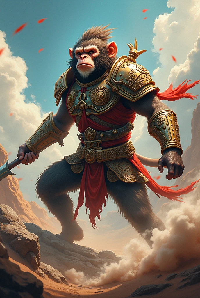 This is a dynamic and energetic image of a monkey warrior usando armadura in action, depicted in a stylized and artistic manner, with a strong sense of motion and speed.