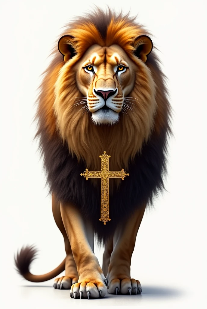 a realistic lion referencing the bible, there is a cross on the lion. the image must have a transparent background to be used as a print