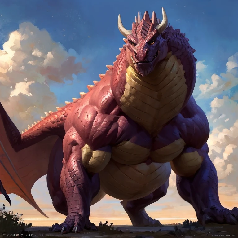 Detailed painting, by Taran Fiddler, closeup, outlook view, wide angle, dragoness, full body, feral, dainty, friendly, colorful, rounded snout, wings, pregnant-like belly, round belly, dominant belly, huge belly, bloated belly, big muscles, wide body, thick body muscles, powerfull muscles, beefy muscles, thick neck, beefy neck, tall, enormous, giant, gigantic, colosssal size, gargantuan, kaiju, powerfull look, badass look, looking at viewer