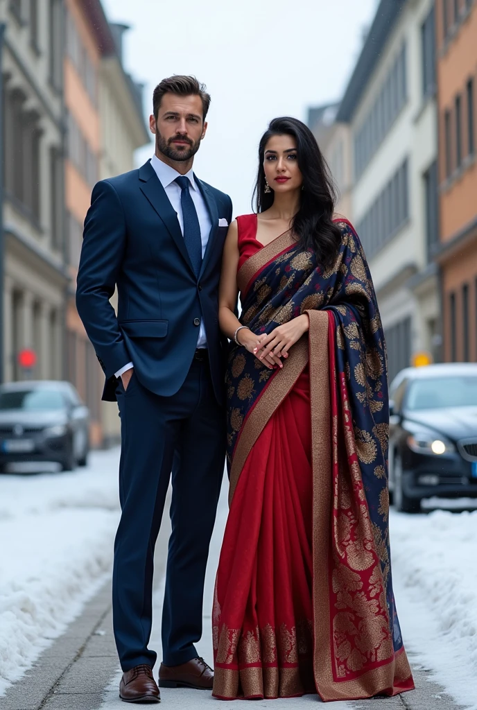 Man in navy blue suit with women in saree,,in winter in Germany, pick the saree color which seems most suitable