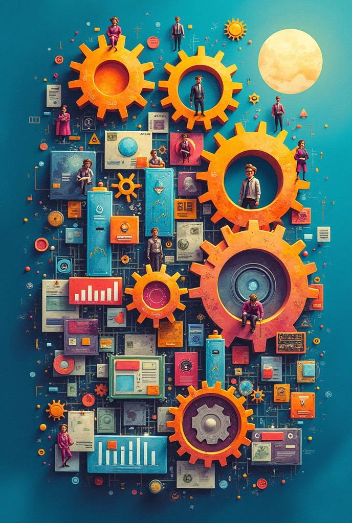Create three-dimensional gears, circles, and squares, currency, graph lines, and many businessman and businesswoman images. Using watercolor and mixed media Use bright colors The light source is in the upper right corner,background blue. --ar 2:3