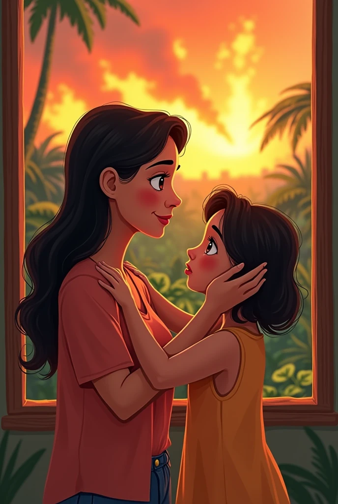 30-year-old Latina mom combing her  daughter&#39;s hair and cheering her up through the window you can see the burning jungle, Pixar-style drawing 