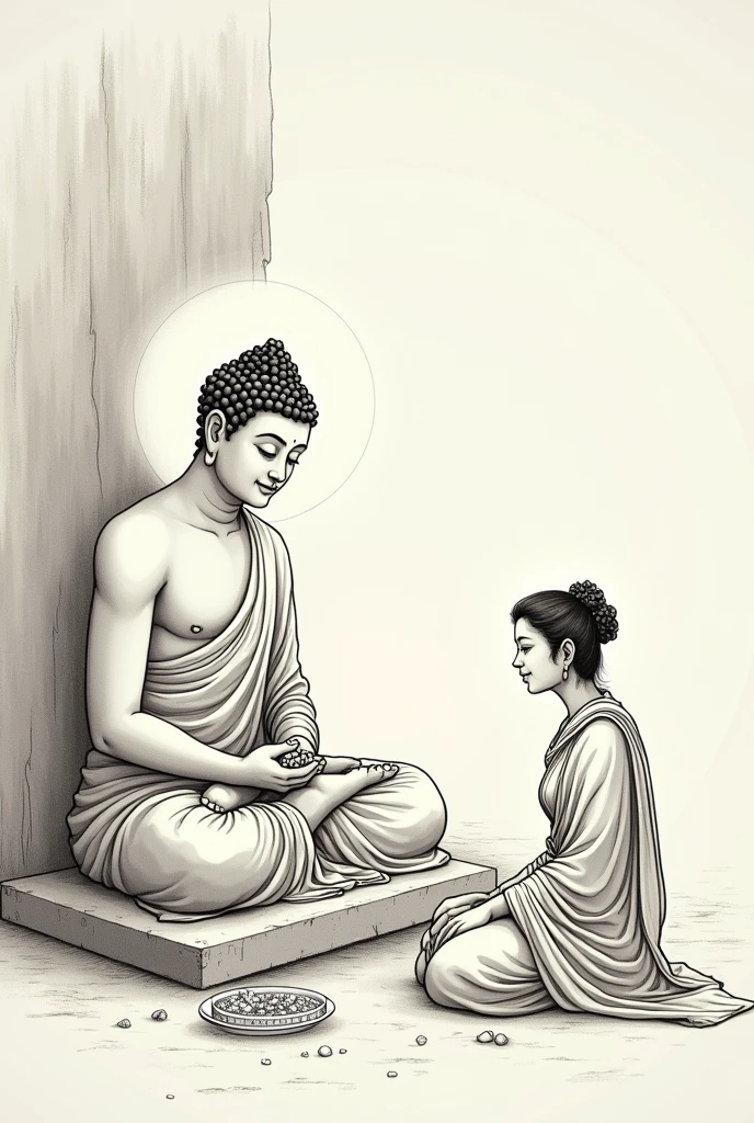 किसा गोतमि बुद्ध के पास पहुँचती है, जो शांतिपूर्ण मुद्रा में बैठे हैं।बुद्ध का चेहरा दयालु और करुणामय हो, और किसा गोतमि उनके चरणों में बैठी हो।