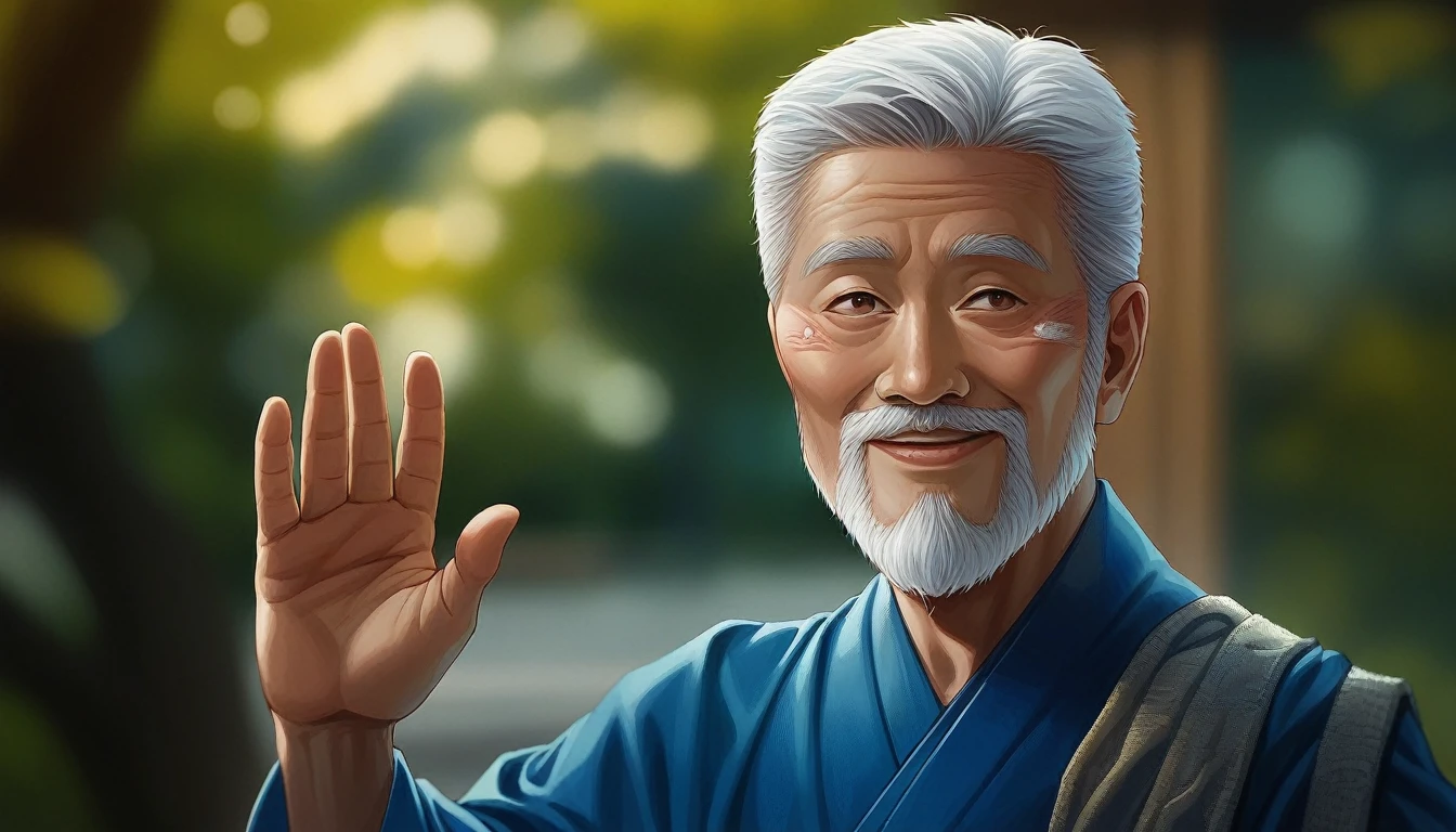 I want the image of a wise man Buddhist monk, with white hair, She must be approximately 50 to 60 years old, the wise Buddhist monk in red clothes, Buddhist sage must be smiling, realistic and cinematic image. use these photos as face reference, hair and appearance.