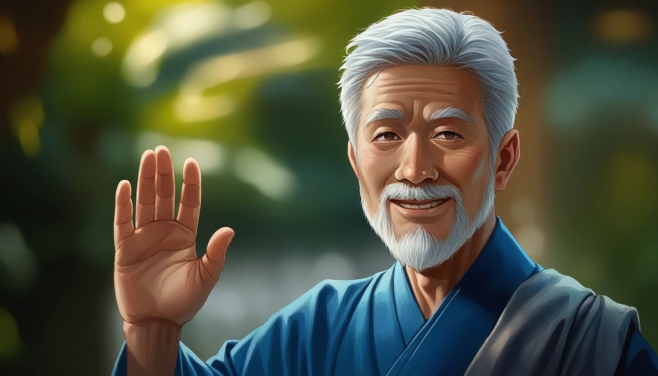 I want the image of a wise man Buddhist monk, with white hair, She must be approximately 50 to 60 years old, the wise Buddhist monk in red clothes, Buddhist sage must be smiling, realistic and cinematic image. use these photos as face reference, hair and appearance.