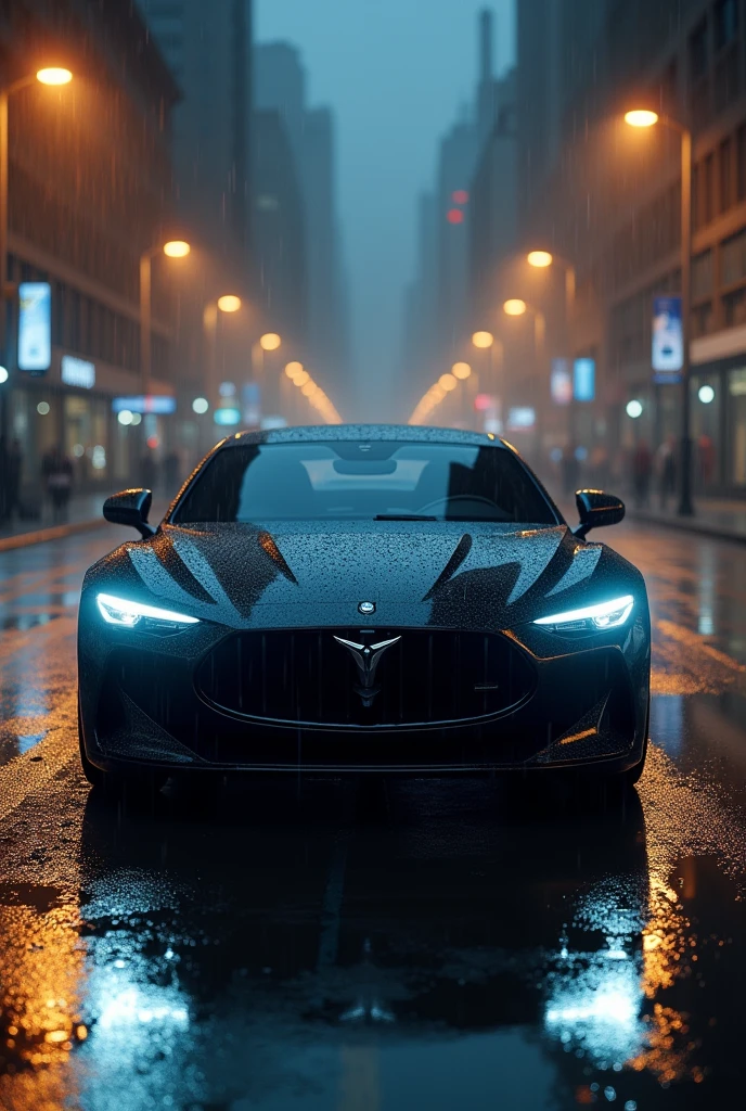 Black car with white light and rainy background with street lights 