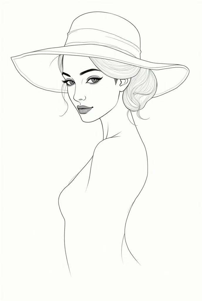 A thin line drawn continuously that takes the shape of the face of an elegant woman with a hat with a pose that shows her femininity and elegance with a short neck and long hair., loose and wavy, that extends outside the hat and falls on both shoulders
