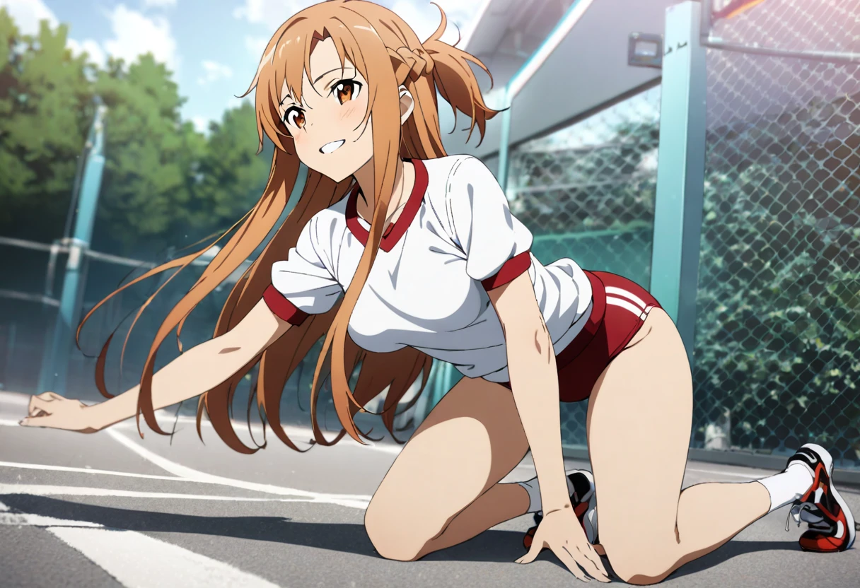 ((1girl)), asuna \(sao\), sword art online,full body,Sexual seductive poses,A fascinating smile,medium breasts,gym uniform, gym shirts, white t-shirts,((buruma)),schoolyard,masterpiece, best quality, absurdres,