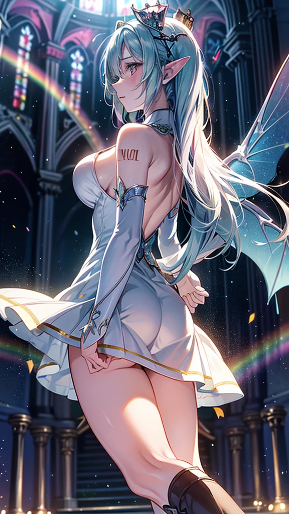 Fairy queen view from back, lens flare, (light particles),
with rainbow wings, sun light throung leaf, volumetric light, iridescent light, rim light through wings, ((safe)), perfect anatomy, in church, ((huge bat wings coming out of her back)), Hatsune Miku, (intrincate boots and crown), intrincate dress, (extremely pale skin), (long ears), ,