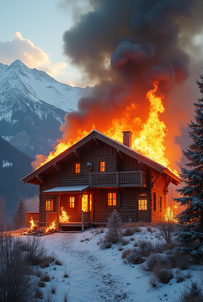 A wooden house in the French Alps on fire