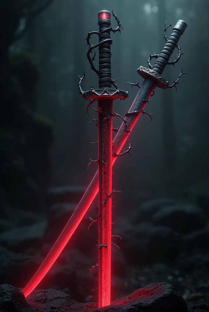 A long katana with a red edge,and that stems with thorns come out of the handle