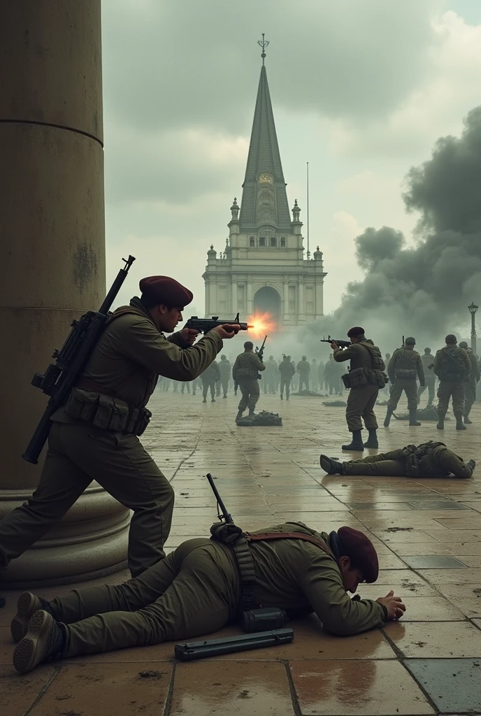 generates an image in the Plaza de Mayo, under a grey and threatening sky, A brutal battle breaks out. The May Pyramid stands imposingly in the background, silent witness to the violence that breaks out around him.
A group of Montoneros, with their berets and rifles, They face a detachment of Argentine soldiers. The air is filled with smoke and dust, while resonant gunshots fill the space. on the floor, bodies lie stretched out, victims of the brutality of the confrontation.
A Montonero, with a face full of determination, takes shelter behind a column, firing with fury. A soldier, hurt and desperate, crawls on the ground in search of shelter.
The image is a crude representation of the violence that broke out in Argentina at the time.. It is a reminder of the consequences of conflict and the fragility of peace..