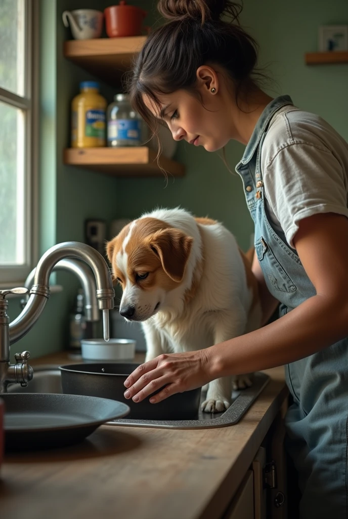 a woman washing a dog in a kitchen sink, in the kitchen, cooking it up, katy perry fixing a leaking sink, at the counter, cooking, touching her clothes, wearing dirty travelling clothes, low quality video, cooking show, uhd candid photo of dirty, in a kitchen, gif, waist - shot, 30-year-old woman from cuba