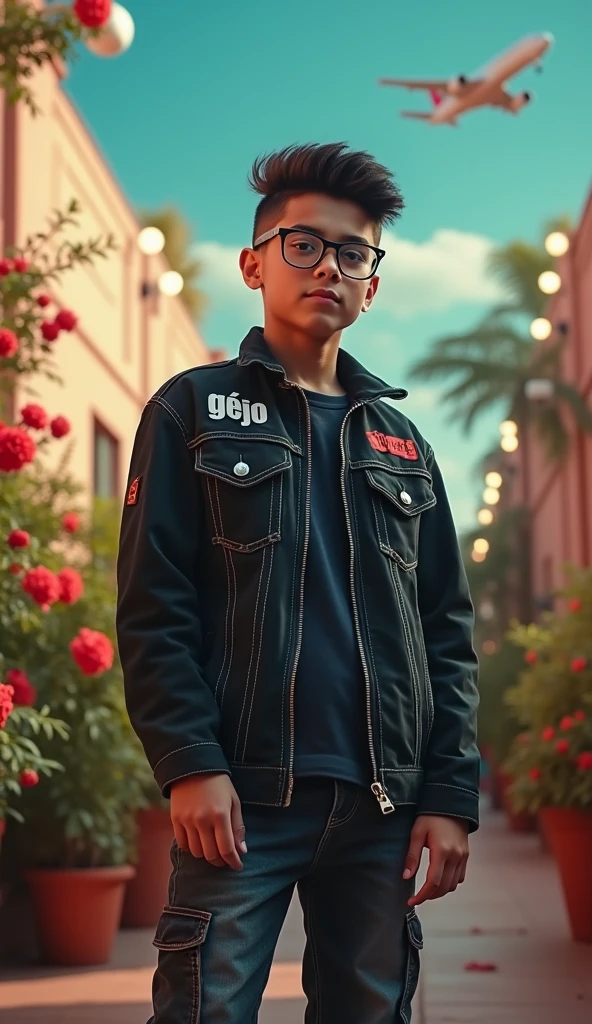 A  boy , hear cut style , cargo jean ,denim black jacket on written bold name "GEJI RAI" , red shoes , eye nose ear high definition  , cinematic , realistic, background in flowering. Lighting plant, ear in bluetooth , modern style , side a Instagram cube on write "ohi_geji_yaar_143" wear a glass on eyes , cloud weather and aeroplane