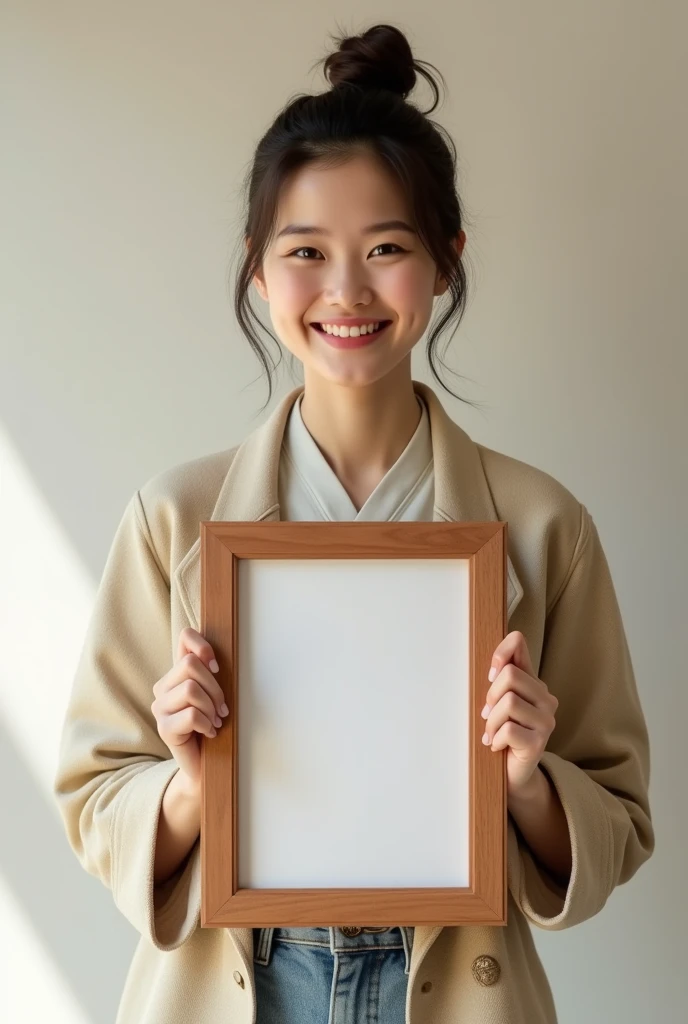 Crie uma imagem de uma mulher segurando uma moldura em formato de Boken.
A moldura deve ter o tamanho e formato de um Boken, with defined edges and enough space to insert a cover image later.
The woman should be holding the frame so that the "Boken" is clearly visible and centered in the image.
A woman's facial expression should be friendly and welcoming..
The background of the image should be neutral or simple., de modo que a moldura em formato de Boken seja o foco principal.
Make sure the frame is empty, allowing easy insertion of any cover image into the space.
Esse prompt direciona a criação da imagem para que ela se alinhe com o seu objetivo de inserir uma capa de Boken na moldura.