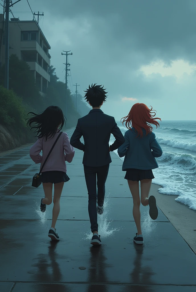 Create a dark scene of a trio of three anime people running on Sundays on the beach sidewalk.