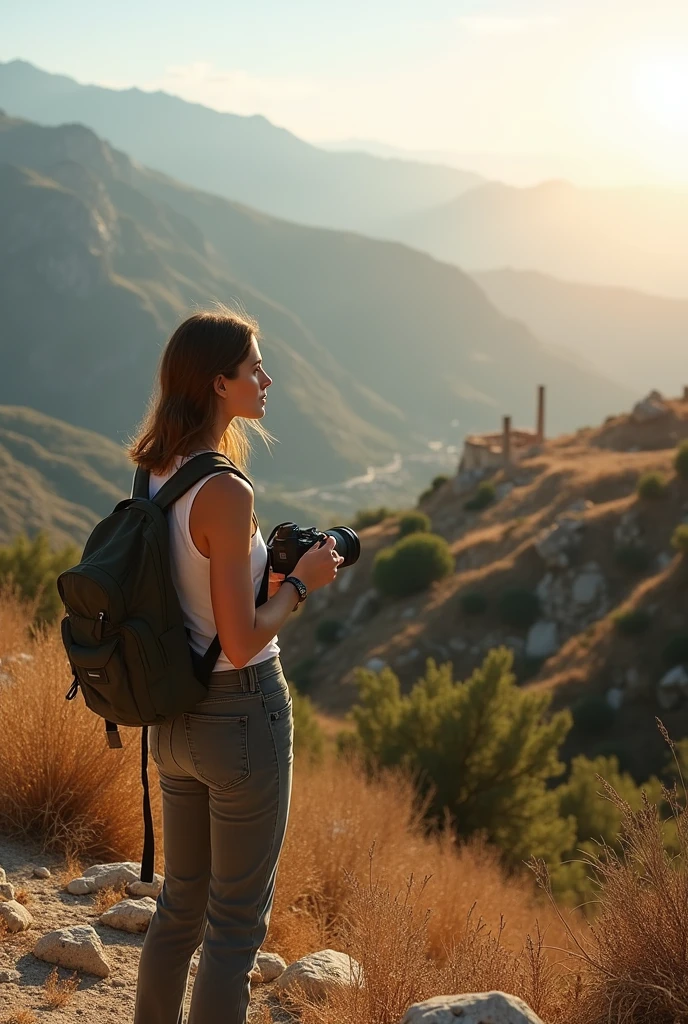 a woman photogrpher thinking how to take the landscape that is in front of her...she is located in Greece on a big mountain while sun is shining from the right side