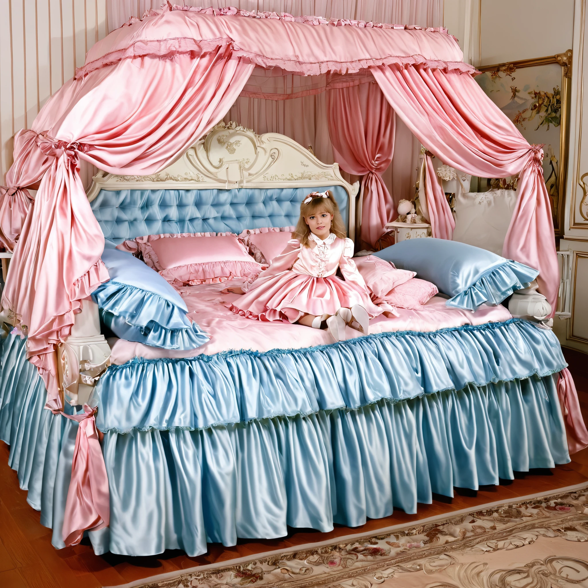 Beautifull 1girl on the bed,early age,detailed baby face,small face,a pink silk satin frilled blouse and skirt,medium dress,detailed ribbons,detailed lace petticoat,frilled sleeves,,a bed with a mountain of silk satin pillows,canopy bed,king size bed,more big bed,lot of silk satin frilled pillows,more pillows, A plump qulited silk satin soft devet,devet decorated ribbons, ruffles lace silk.retro white pipe bed frame, realistic, blue eyes, rolled long blond hear,