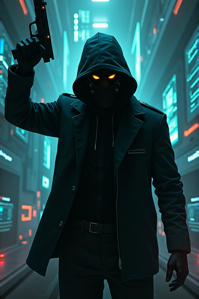 hacker with yellow eyes and gun